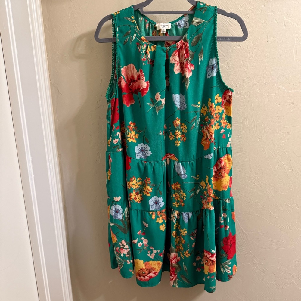 Umgee USA sleeveless, round neck 3 tiered lightweight Green Floral mini Dress